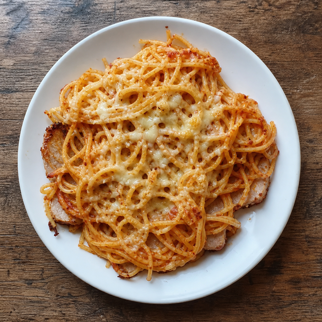 Ovnbagt spaghetti med svinemørbrad