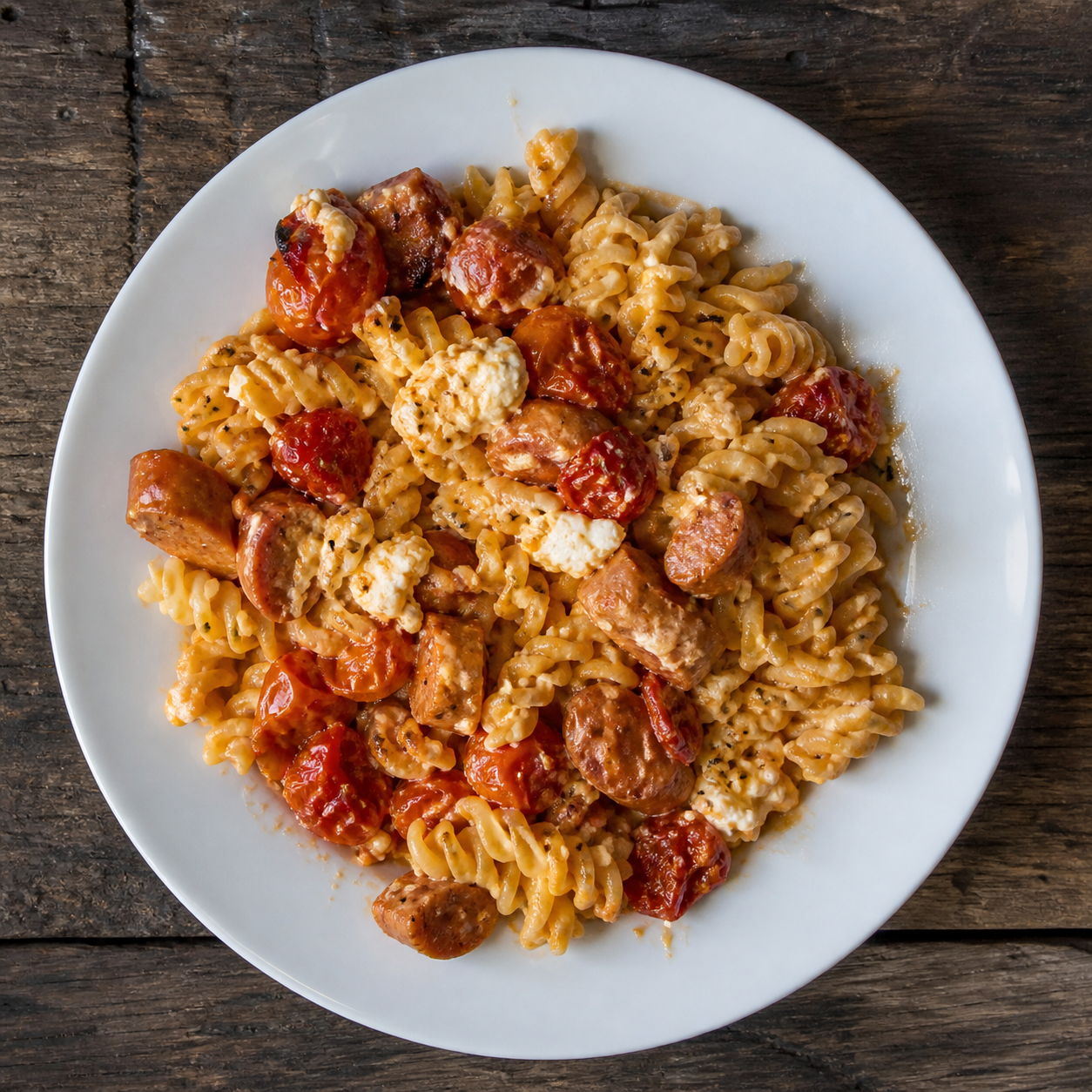 Ovnbagt fetapasta med pølser