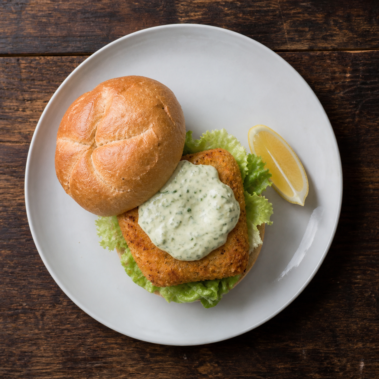 Sprød fiskeburger med urtedressing