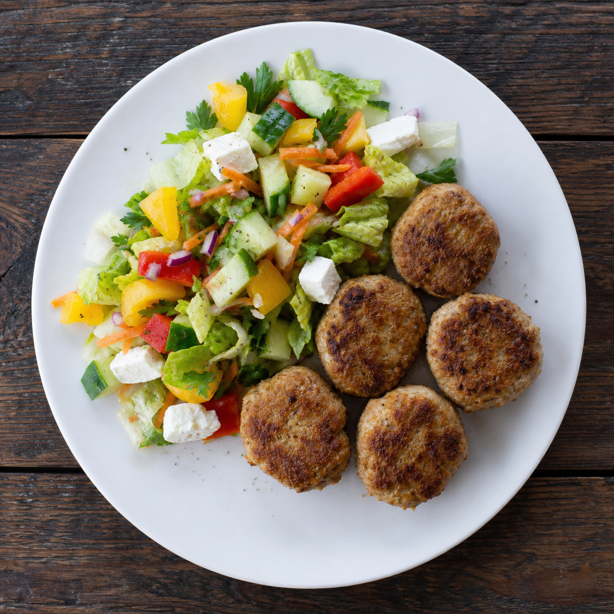 Kyllingefrikadeller med kulørt salat