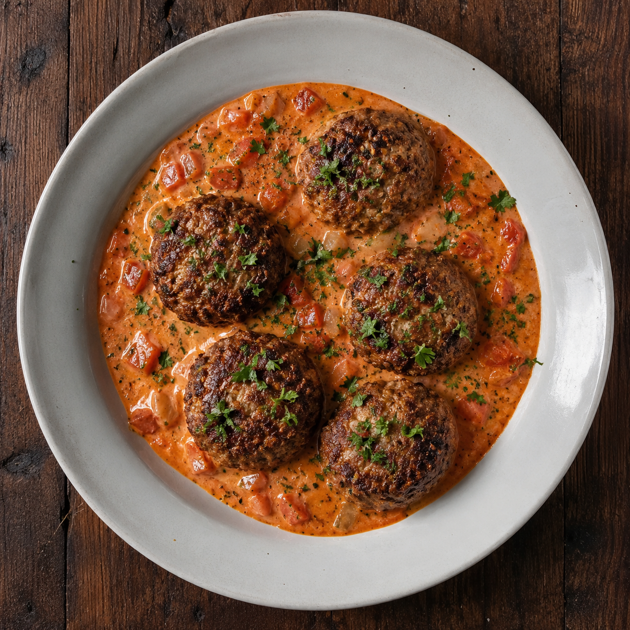 Oksefrikadeller med cremet tomatsauce