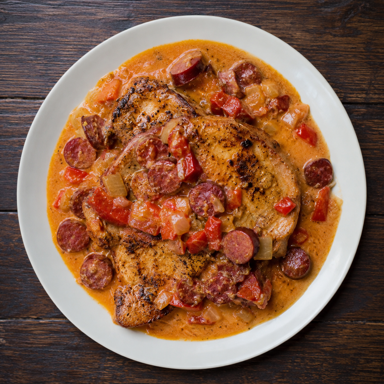 Krydrede koteletter i fad med chorizo