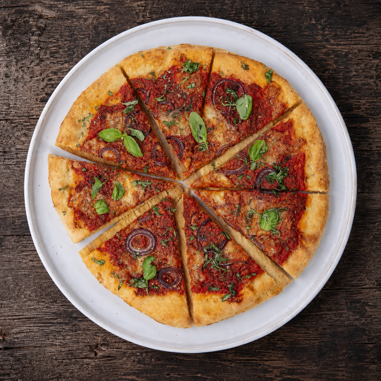 Pizza med kødsauce og rødløg