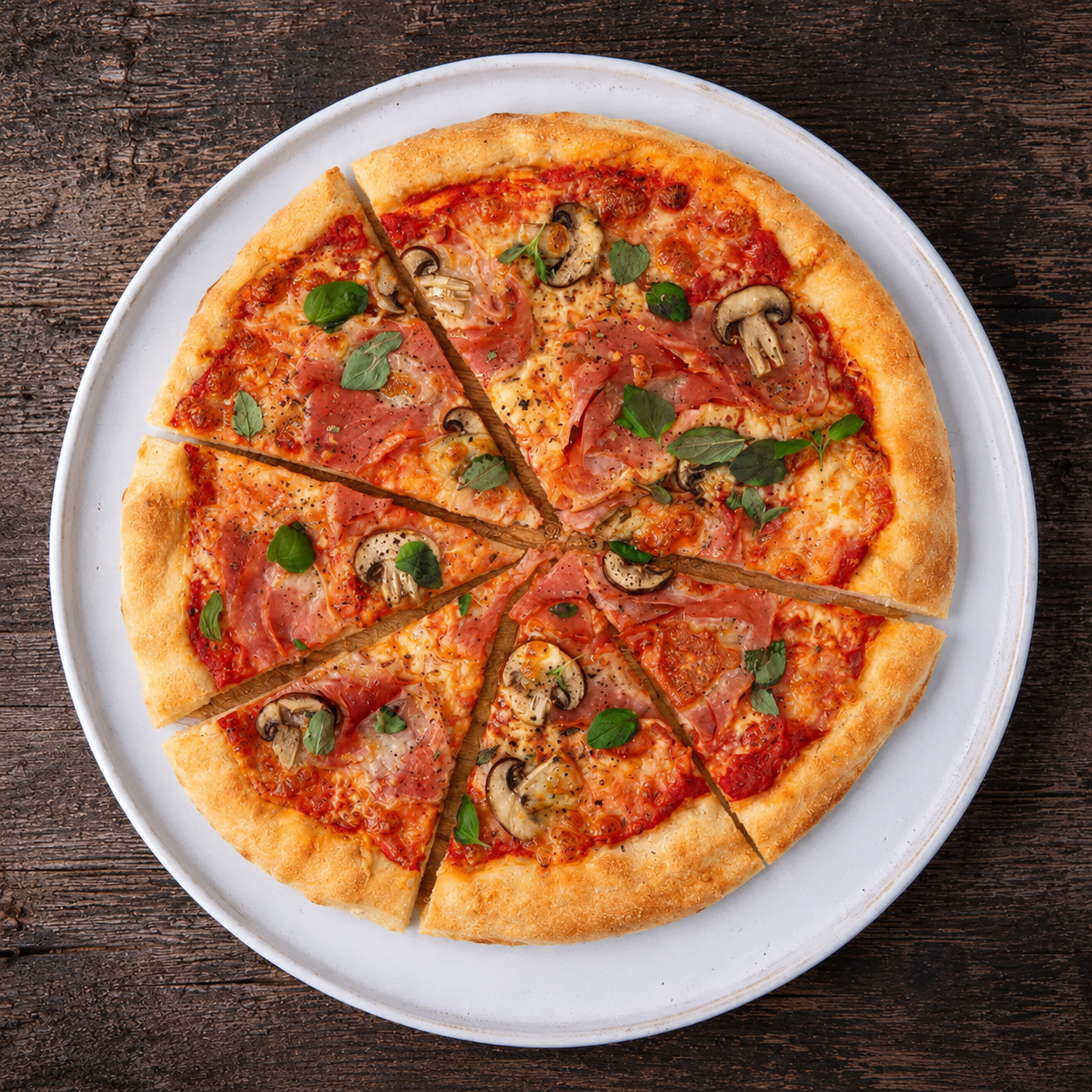 Pizza med skinke og champignon