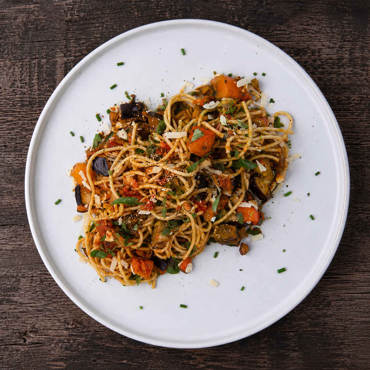 Spaghetti i sauce med aubergine