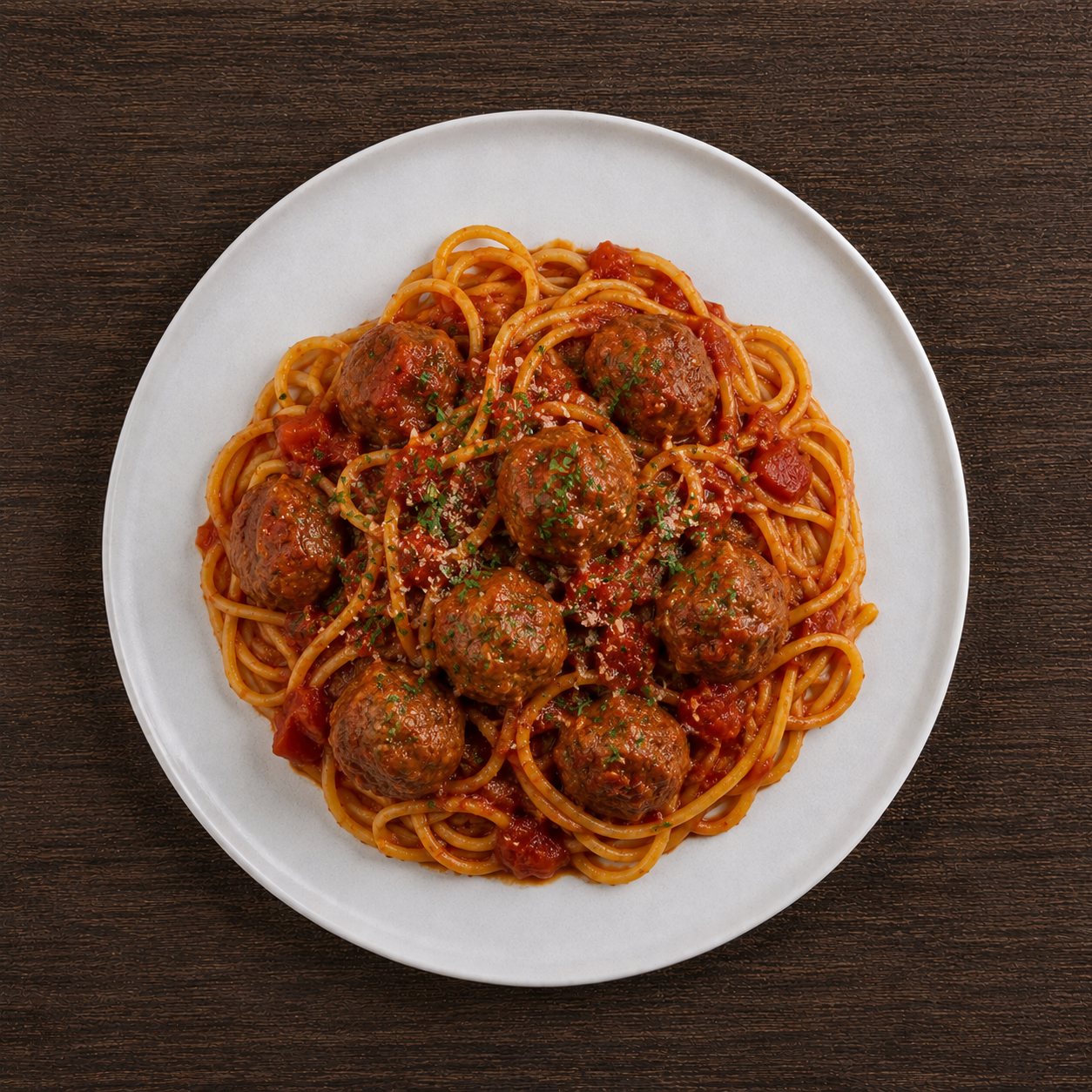 Spaghetti med kødboller i tomatsauce