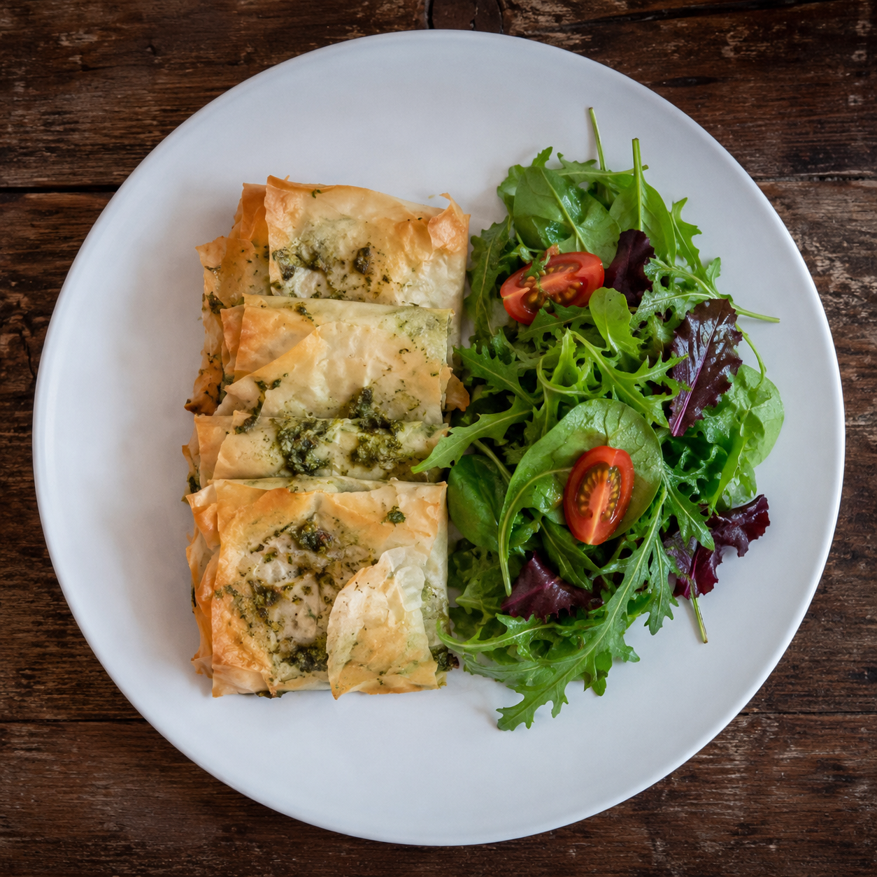 Torsk i sprød filodej med pesto