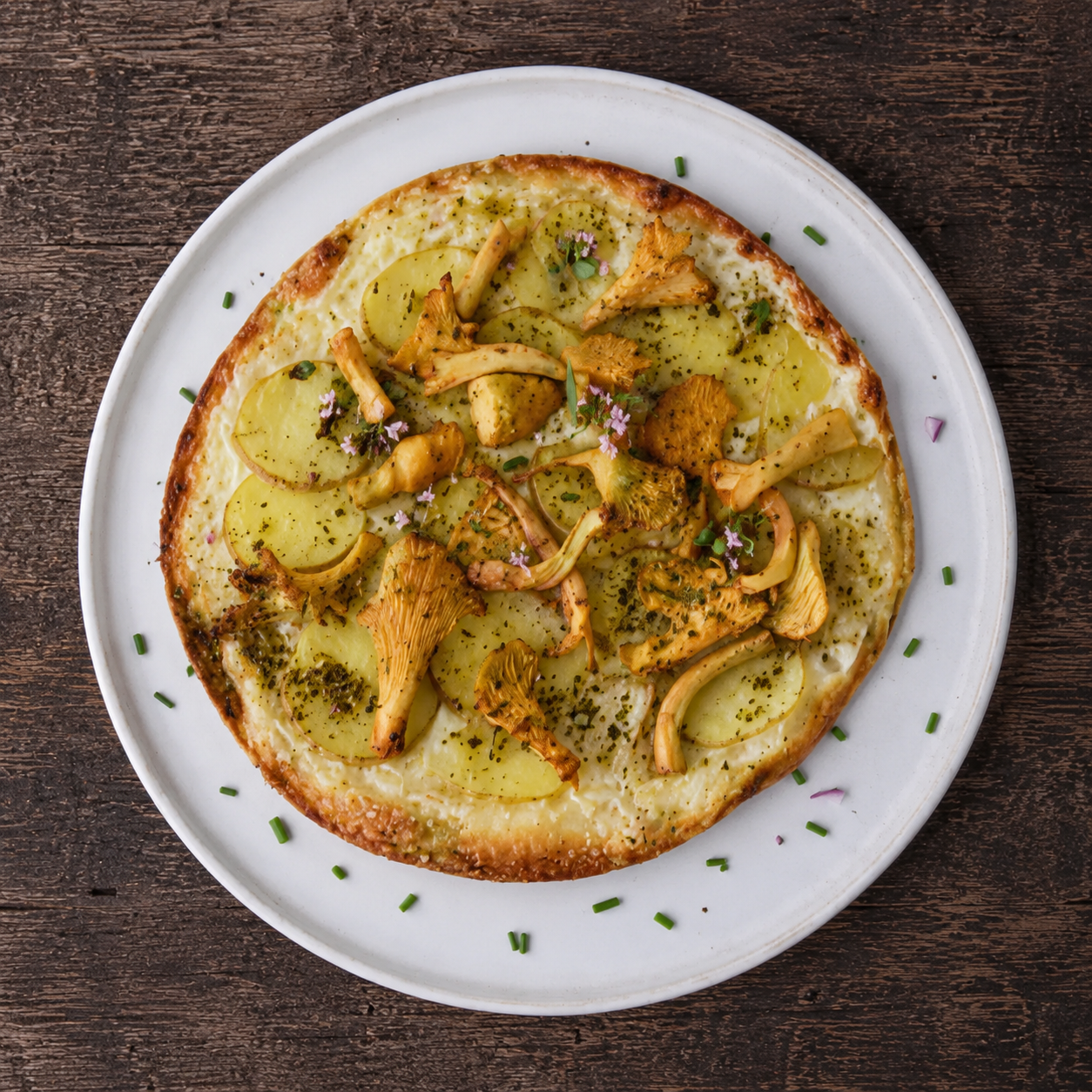 Tortillapizza med kartofler og svampe